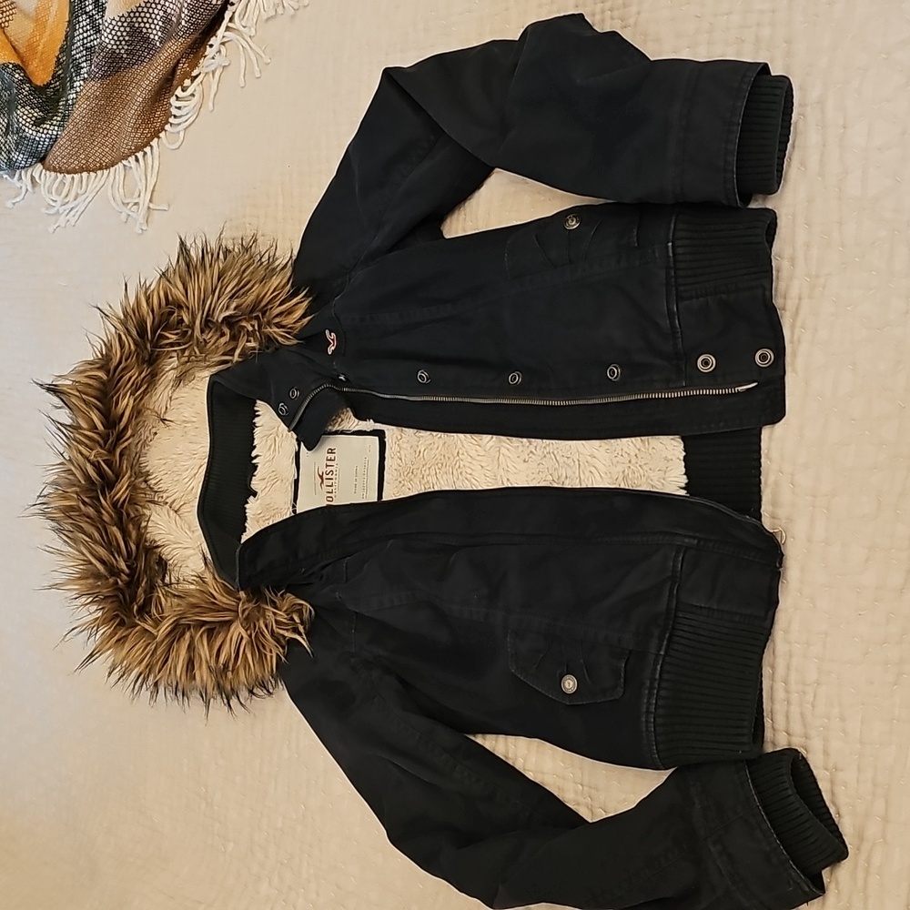 Hollister Navy Bombers Jacket with Faux Fur Trim